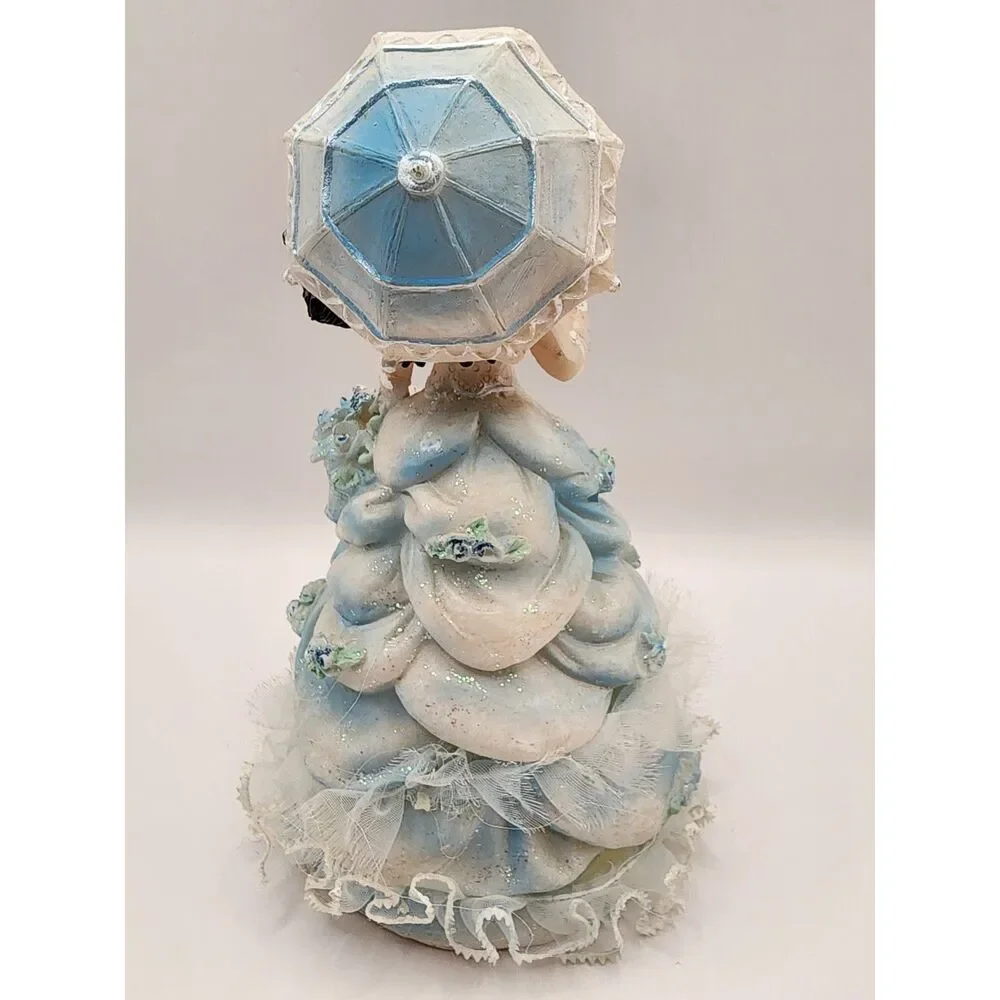 Vintage Hard Plastic Lady Figurine Blue Dress Crown Parasol Jewelry 6 inches